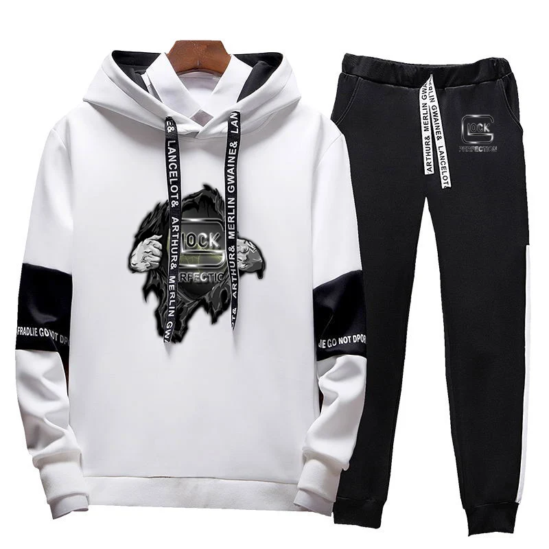 2023 Spring and Autumn Glock Perfect Shooting Fashion Printing Tri-color hoodie with splicing sleeves+fashion sweatpants suit