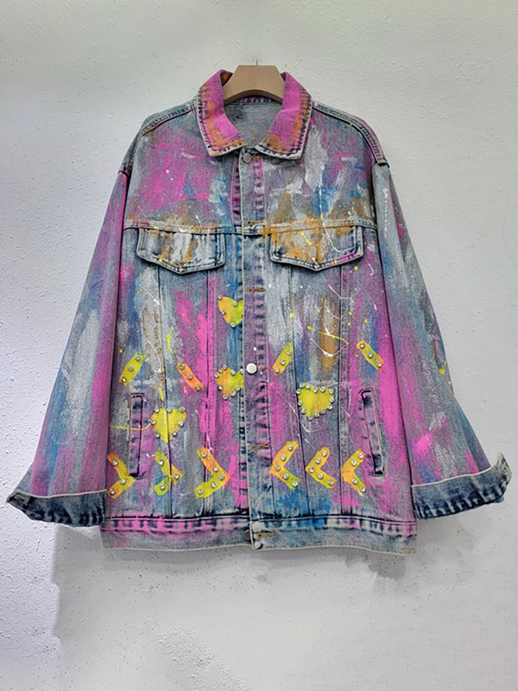 DEAT Women Denim Coat Colorful Heart Shaped Graffiti Hand