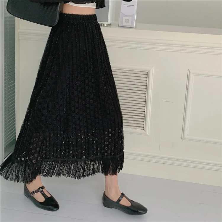 Hollow Lace Knitted Skirt Tassels Pleated Long Skirts Korean Elegant Casual Elastic High Waist Skirt Black Apricot Spring Summer white pleated skirt