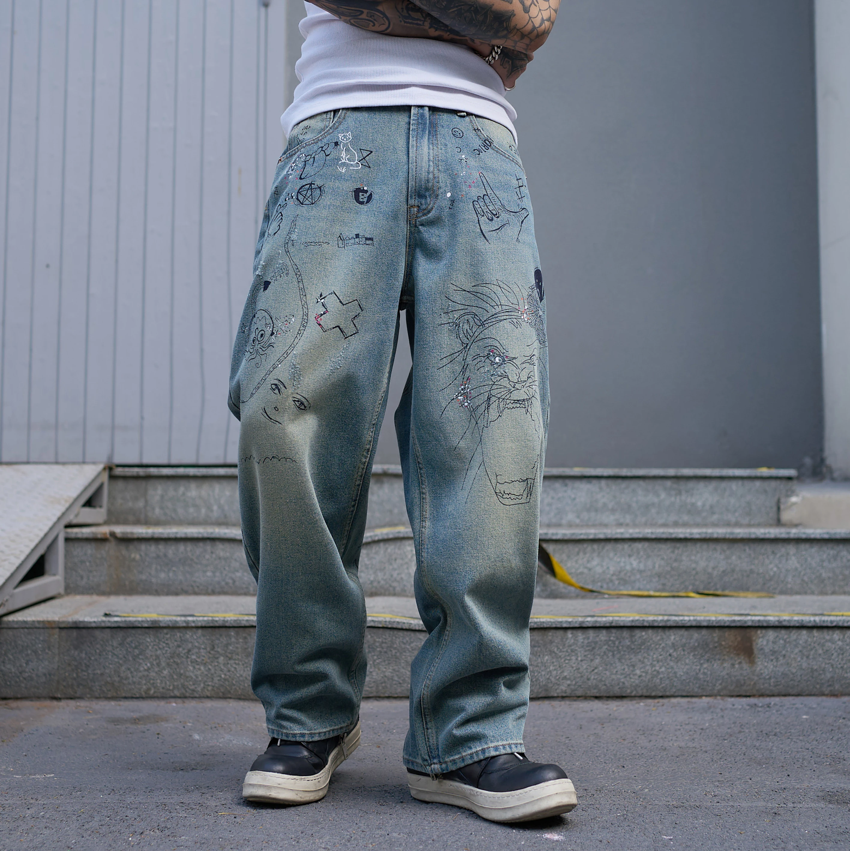 A01 RockCanRoll Washed Loose Fitting Stylish Fashion Denim Jeans