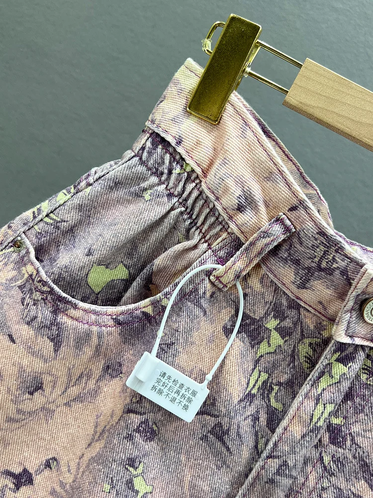 Chinese Style Printed Denim Shorts for Women 2024 New Summer High Waist Loose and Slimming Flanging A- Line Wide-Leg Hot Pants