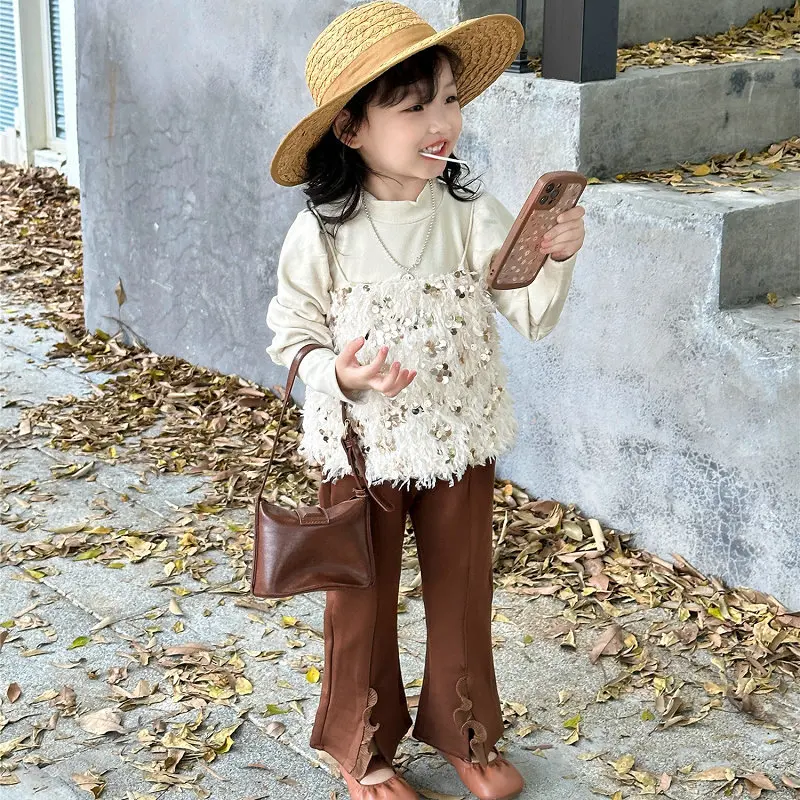 

Children Clothing Set Sling Bright Extra-Long Sleeve Bottoming Shirt Leggings 23 Spring and Autumn New Set