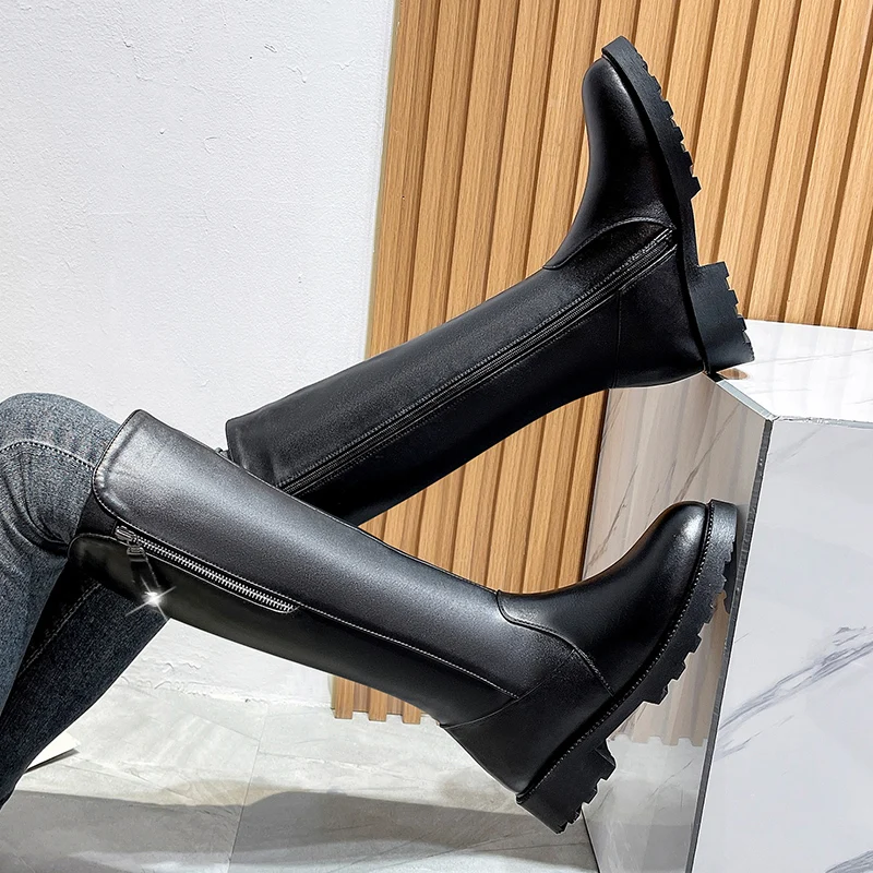 Women Knee Med Heel Boots Woman Zipper  Round Toe Boots-Women Over-the-Knee Autumn 2024 Lolita Rubber Ladies Rome PU Basic Fabri