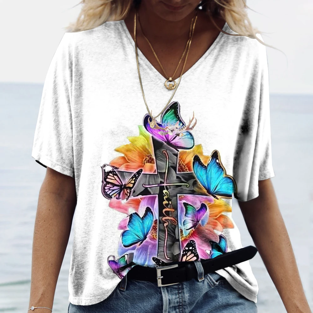 Gesù Cristo T-shirt da donna con scollo a V in cotone Pullover Haruku Abbigliamento Estate Camicia a maniche corte oversize Donna Casual801_voghion.com