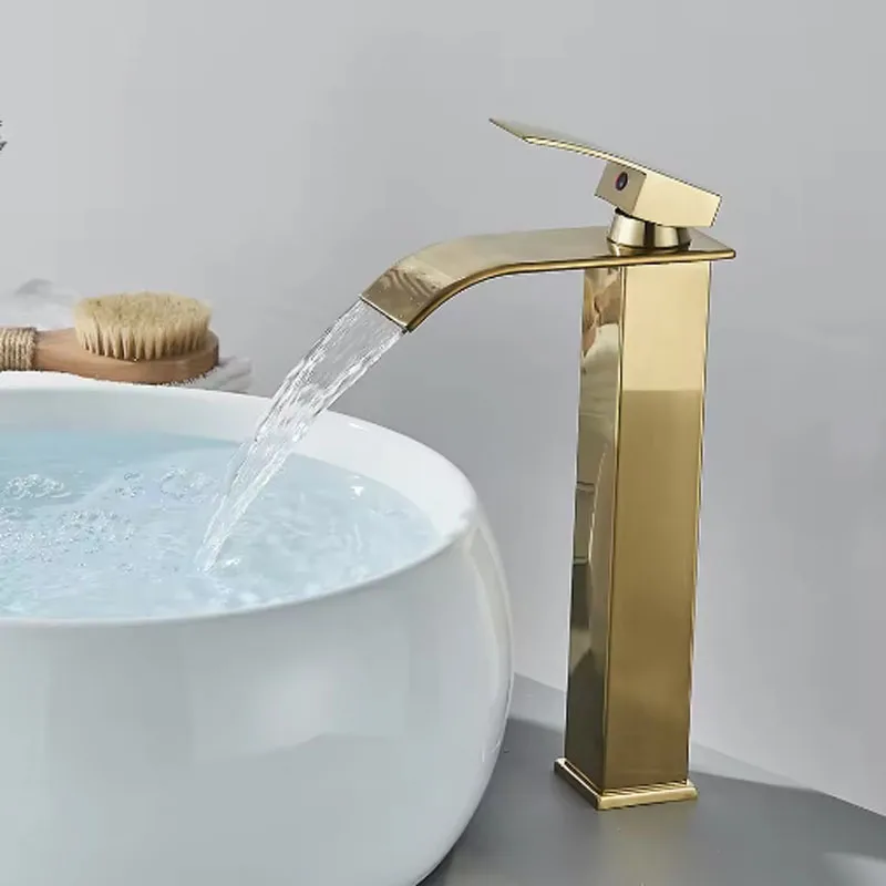 Brushed Golden Basin Faucets Elegant Waterfall Bathroom Sink Faucet Single Lever Hole Deck Mount Mixer Taps