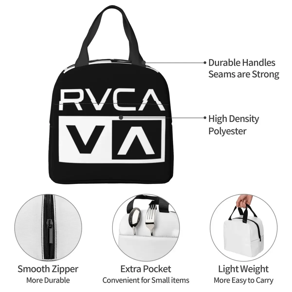White Rvca Clothes Lunch Bags Insulated Bento Box Waterproof Lunch Tote Resuable Cooler Thermal Bag for Woman Children School