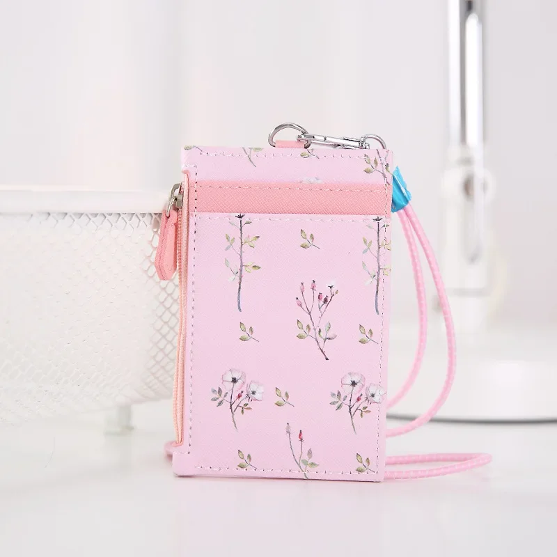 Women Floral Card Holder Wallet Neck Strap Lanyard Badge PU Leather Wallet Bank Credit Card ID Holder Case Purse Bag leather wallet wallet card holder card holder credit card holder credit card wallet card wallet id card holder id card case wallet card bag