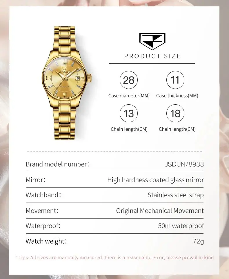 JSDUN 8933 Watch For Women Classic Luxury Elegant Mechanical Women Watch Diamond Scale Waterproof Original Business Wristwatch