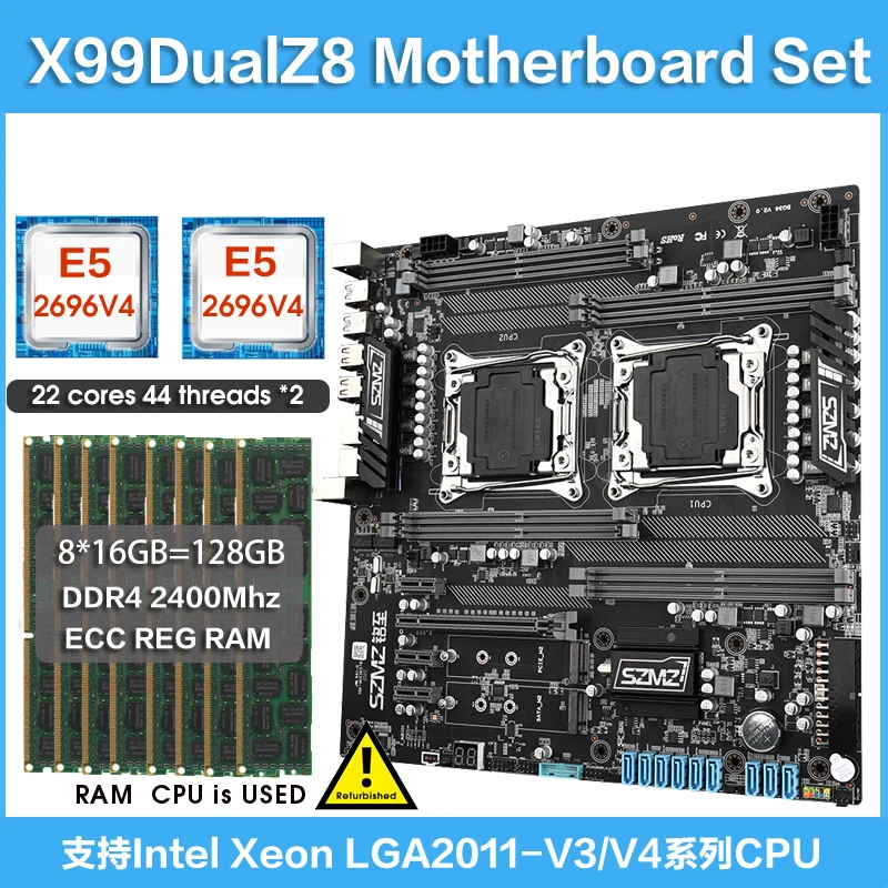X99 Dual Z8 Motherboard Set With Intel Xeon E5 2696 V4 Dual CPU 8* 16GB  2400MH DDR4 ECC REG RAM Server Mainboard KIt
