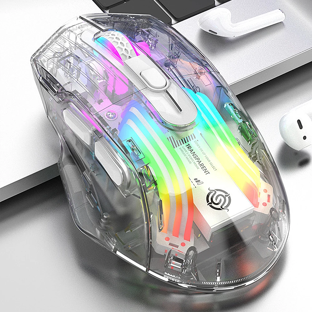 Transparent Multi-Mode Wireless Gaming Mouse with Bluetooth and USB-C Connectivity