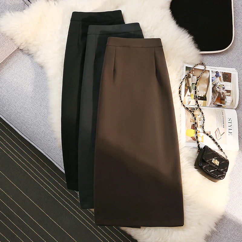 

Black Grey Cloth Thick Long Elegant High-Waisted Women'S Spring Autumn Winter Skirts Korean Style Fashion 2022 Harajuku Clothes