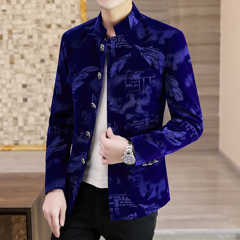 Luxury Retro Velvet Suit Jacket for Men Fashion Slim Fit Stand Collar Blazer Masculino Casual Business Wedding Dress Coat
