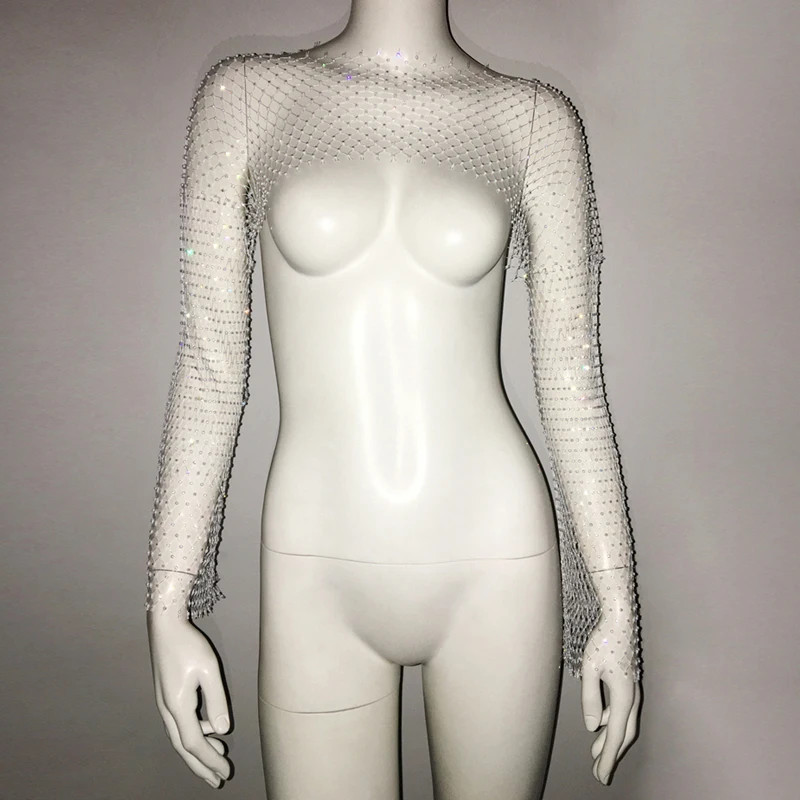 Sweet Diamond Fischernetz Crop Top Hohl Sexy 2024 Sommer Strand Cover Up Patchwork Damen Langarm T-Shirt Y2K Zubehör – Detail 6