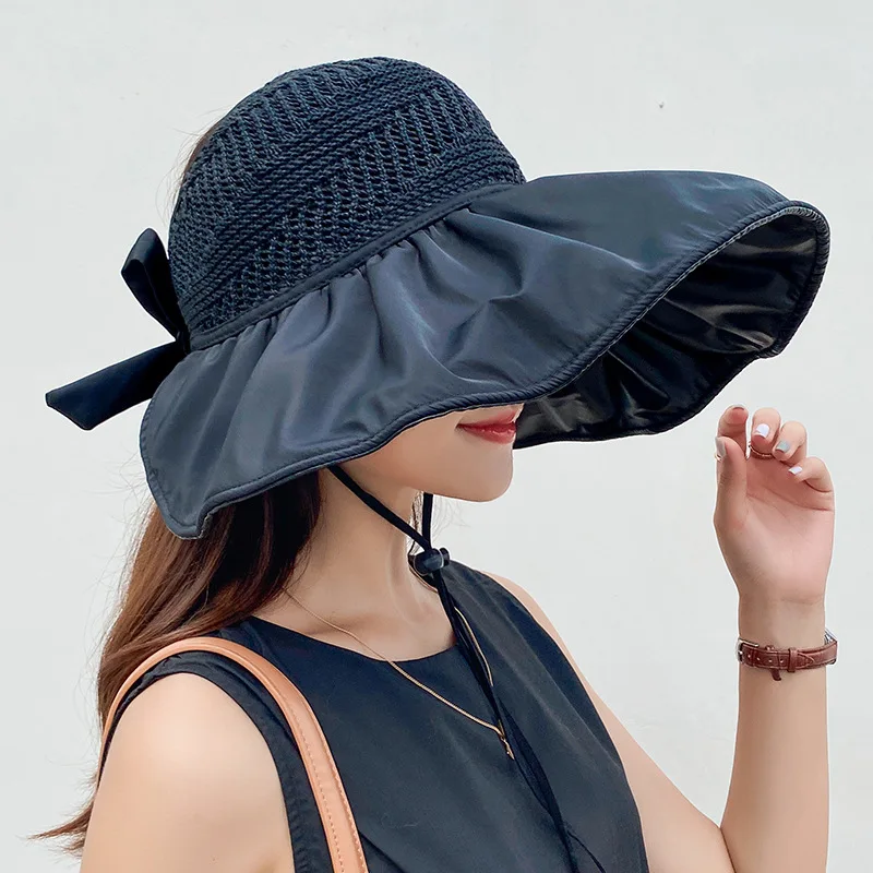 Hat Lady Summer Sunshine UV Hat Anti-ultraviolet Black Glue Empty Top Big Edge Cover Face Sunshade Beach Sun Protection Caps