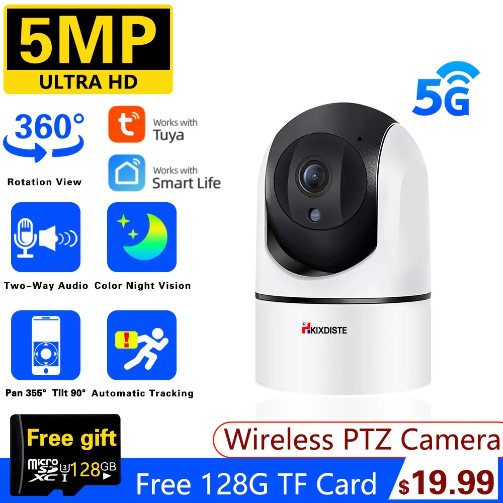 5MP Tuya 5G Dual Band Wifi ICamera Monitor Mini Indoor Private Mode PTZ Security Surveillance Wireless Video Audio Camera 2.4G