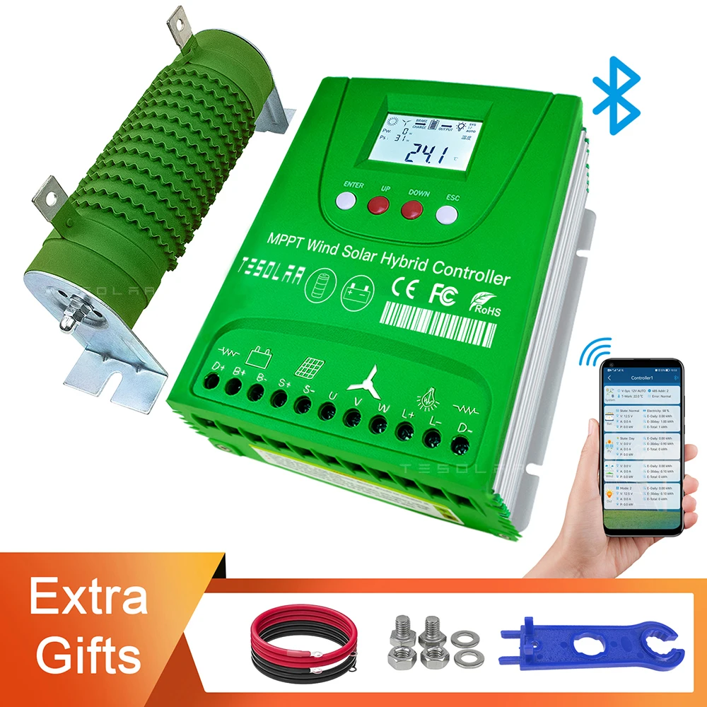 2400W Hybrid Wind Solar Controller Mppt Auto Match 12V 24V 48V Regolatore Opzionale Bluetooth Android App Per Sistema Di Alimentazione Ibrido