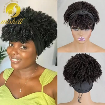 Natural Afro Kinky Curly Scarf Wig with Bangs 200% DensityMachine Made Wig Curly 100% Human Hair Wig Preplucked for Black Women 1