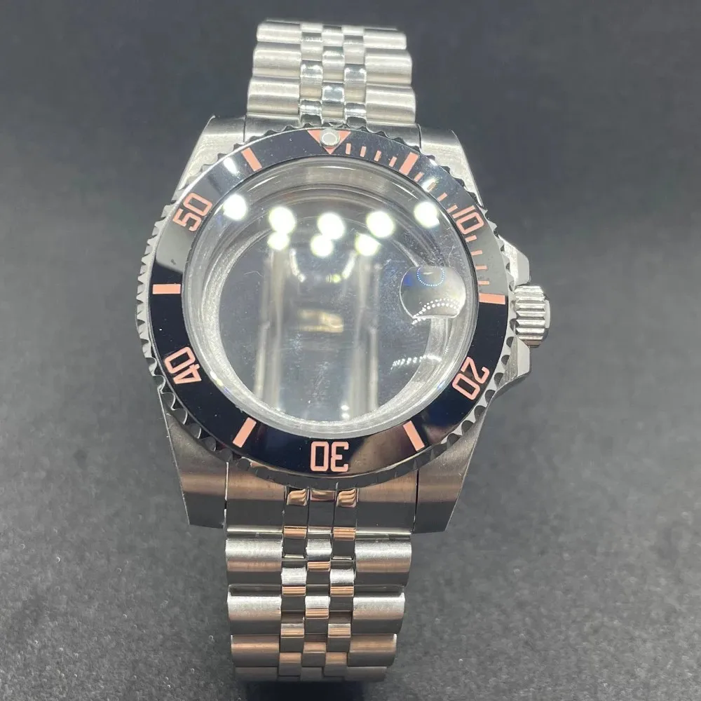 Elegant 40MM Stainless Steel Watch Case with Solid Bracelet and Glide Lock Clasp
