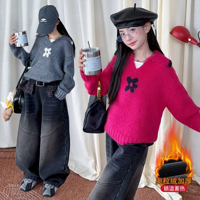 크리스마스 레드 오렌지 그레이 스웨터 소녀용 2025년 신상 봄 가을 두꺼운 레..