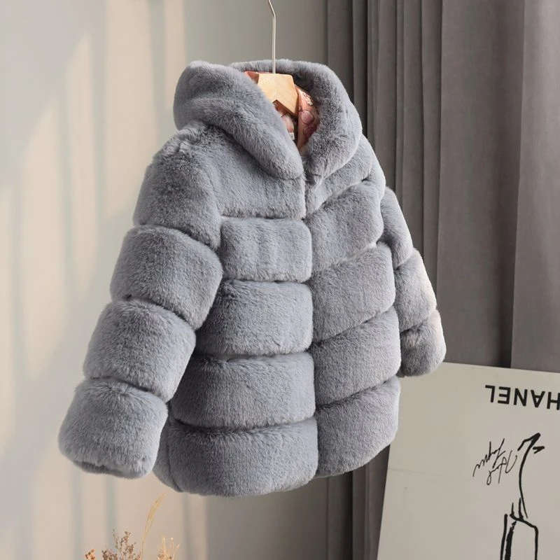 Kids Clothes Girls Fur Coats Winter Solid Faux Rabbit Fur Hooded Jacket for Babies Fashion Boy Thicken Warm Children's Clothing