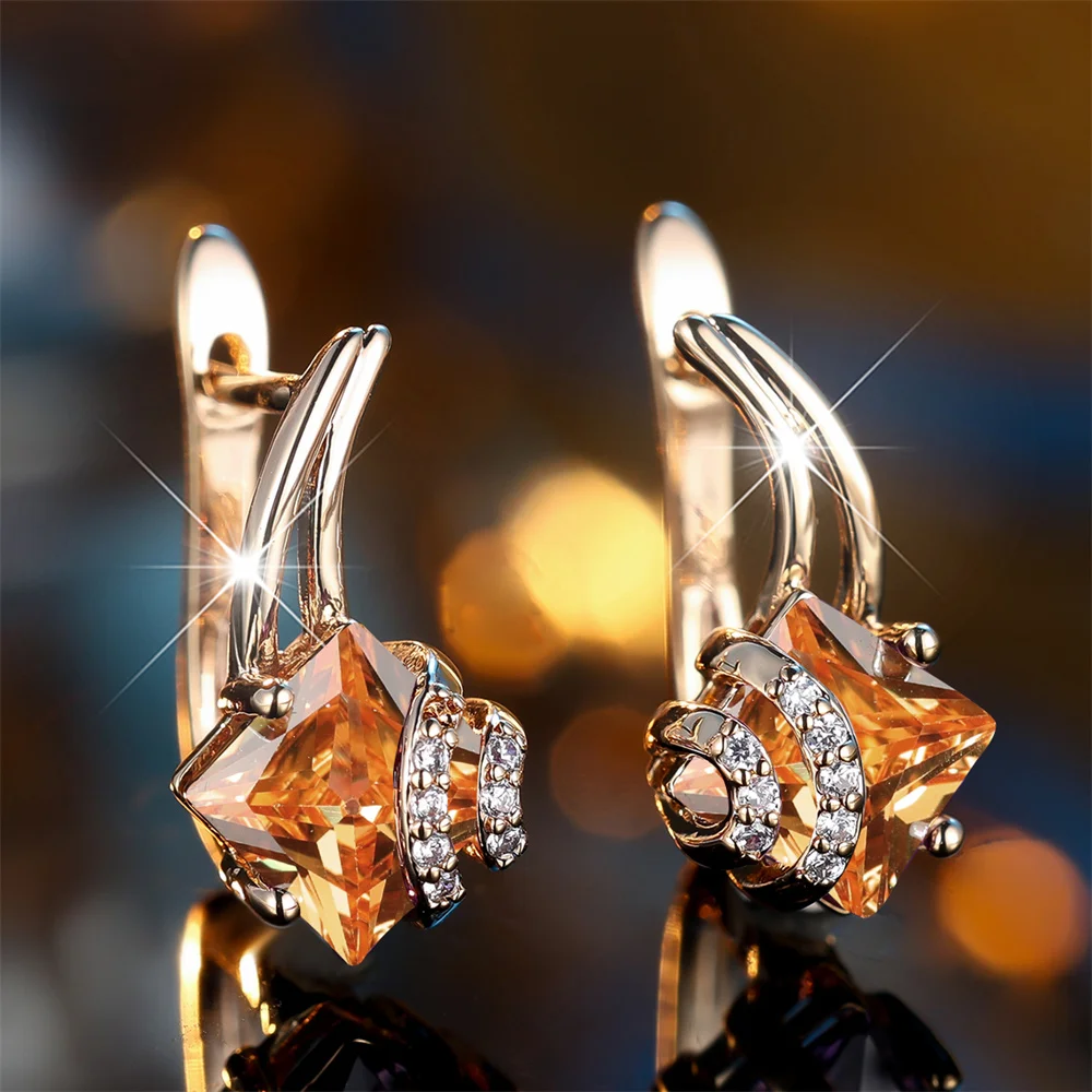 Geometric Champagne Crystal Square Stone Hoop Earrings For Women Vintage Gold Color Ear Buckle Wedding Jewelry Engagement Gifts