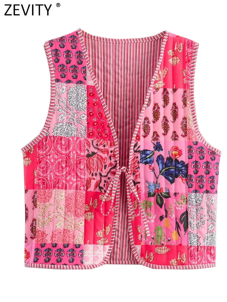 Zevity Women Vintage V Neck Patchwork Floral Print Quilted Cotton Vest Jacket Ladies Retro Lace Up Slim WaistCoat Tops CT6267 4
