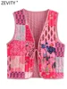 Zevity Women Vintage V Neck Patchwork Floral Print Quilted Cotton Vest Jacket Ladies Retro Lace Up Slim WaistCoat Tops CT6267 4