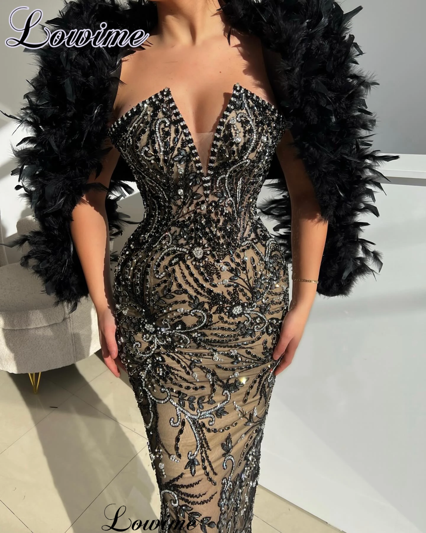 Two Pieces Cocktail Dresses With Feathers Cape Ankle Length Evening Dresses Customized