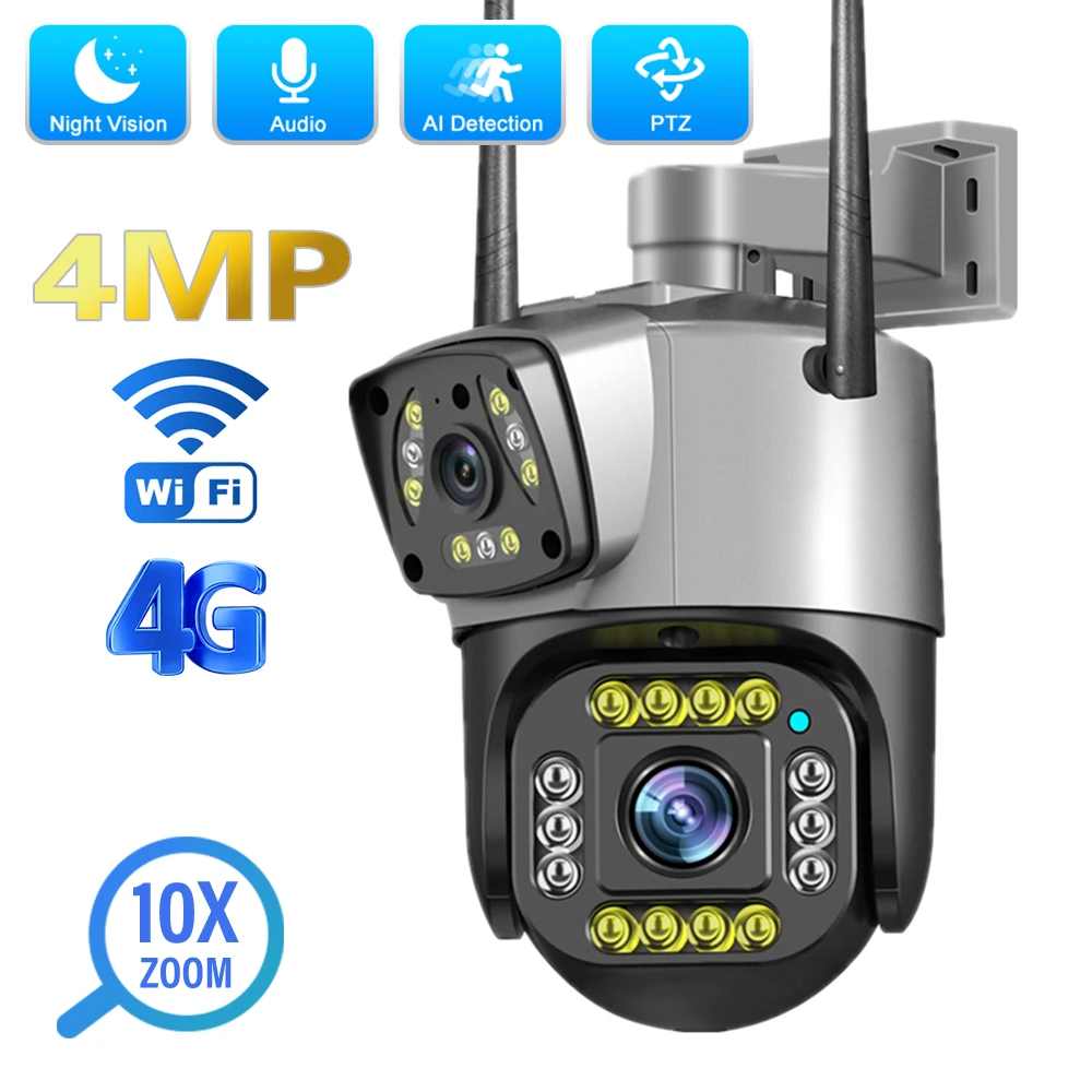 

4MP 4G Wifi PTZ Camera HD Dual Lens 10X Zoom Outdoor Security IP Camera AI Human Detect Night Vision Surveillance CCTV Cameras