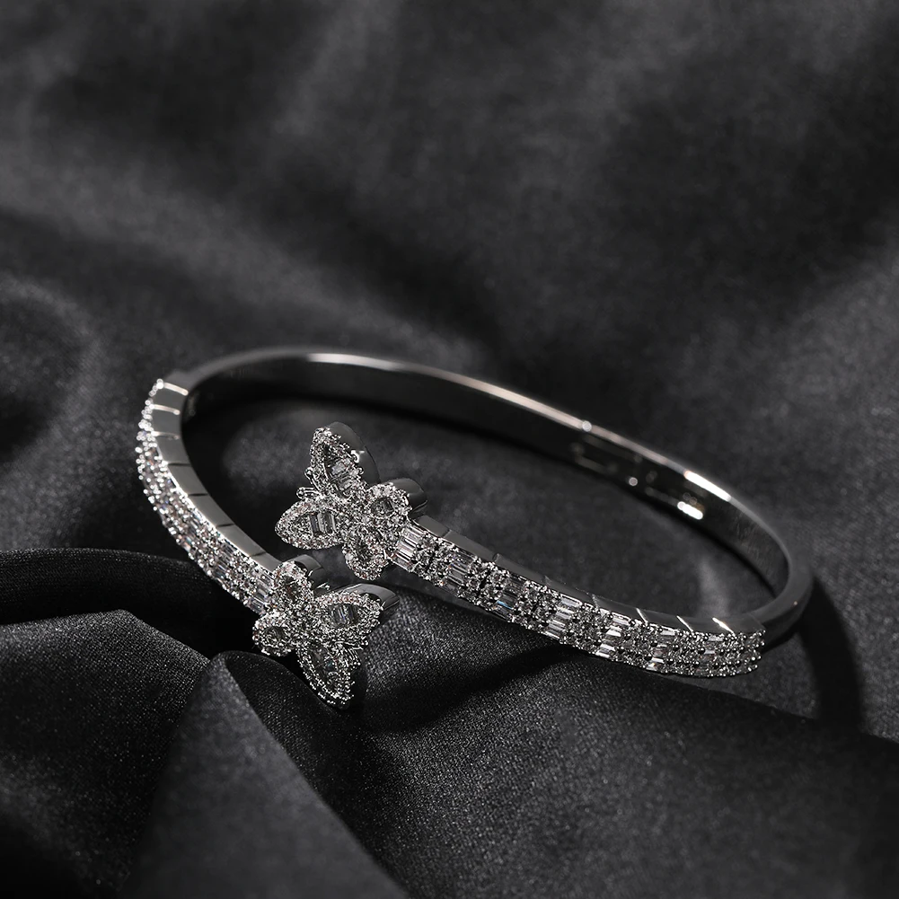 THE BLING KING Baguettecz Butterfly Bracelet Micro Paved Bling Cubic Zirconia Cuff Bangle Luxury Gift For Women Hiphop Jewelry