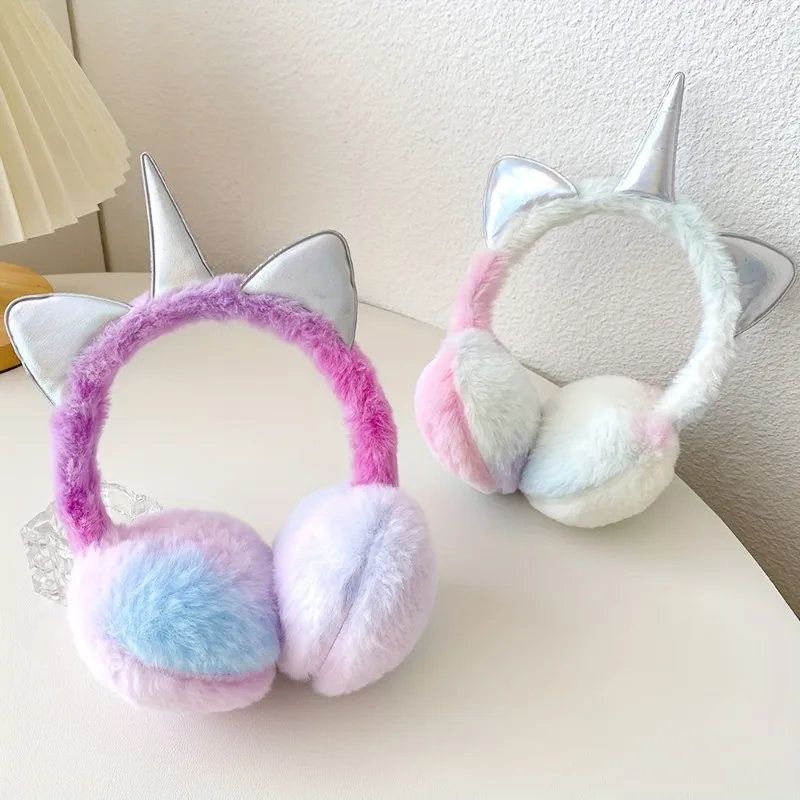fashion Colorful Unicorn Soft Plush Fluffy Earflap Children Winter Warm Plush Earmuffs with Cute Cat Ears Kids Tie-dye Fur Hat