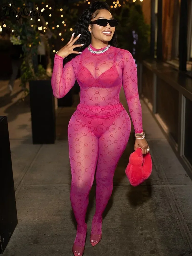 

Mesh Cartoon Print Long Sleeves Sexy See Through T Shirt Foot Pants 2 Pieces Set Summer Women Fashion Outfit Party Club