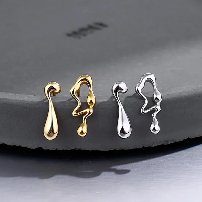 Youth of Vigor Solid 925 Silver Wavy Liquid Studs 18K Gold Tone Unique Party Woman Drop Earrings E1155