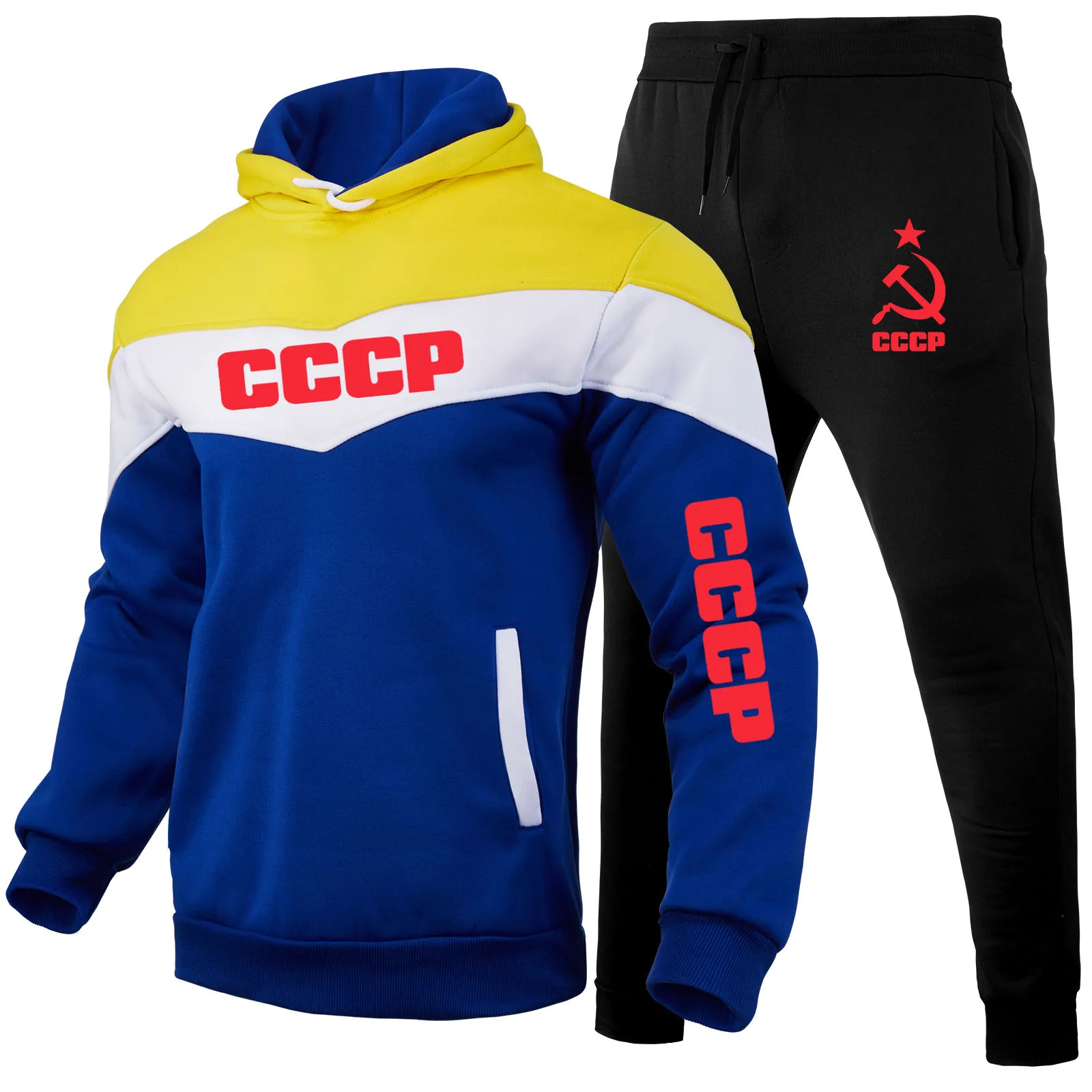 

Spring Autumn Colorblock Men's Hoodie Set High Quality Cotton Sportswear Set CCCP logo print 2022Mens Tracksuit Set