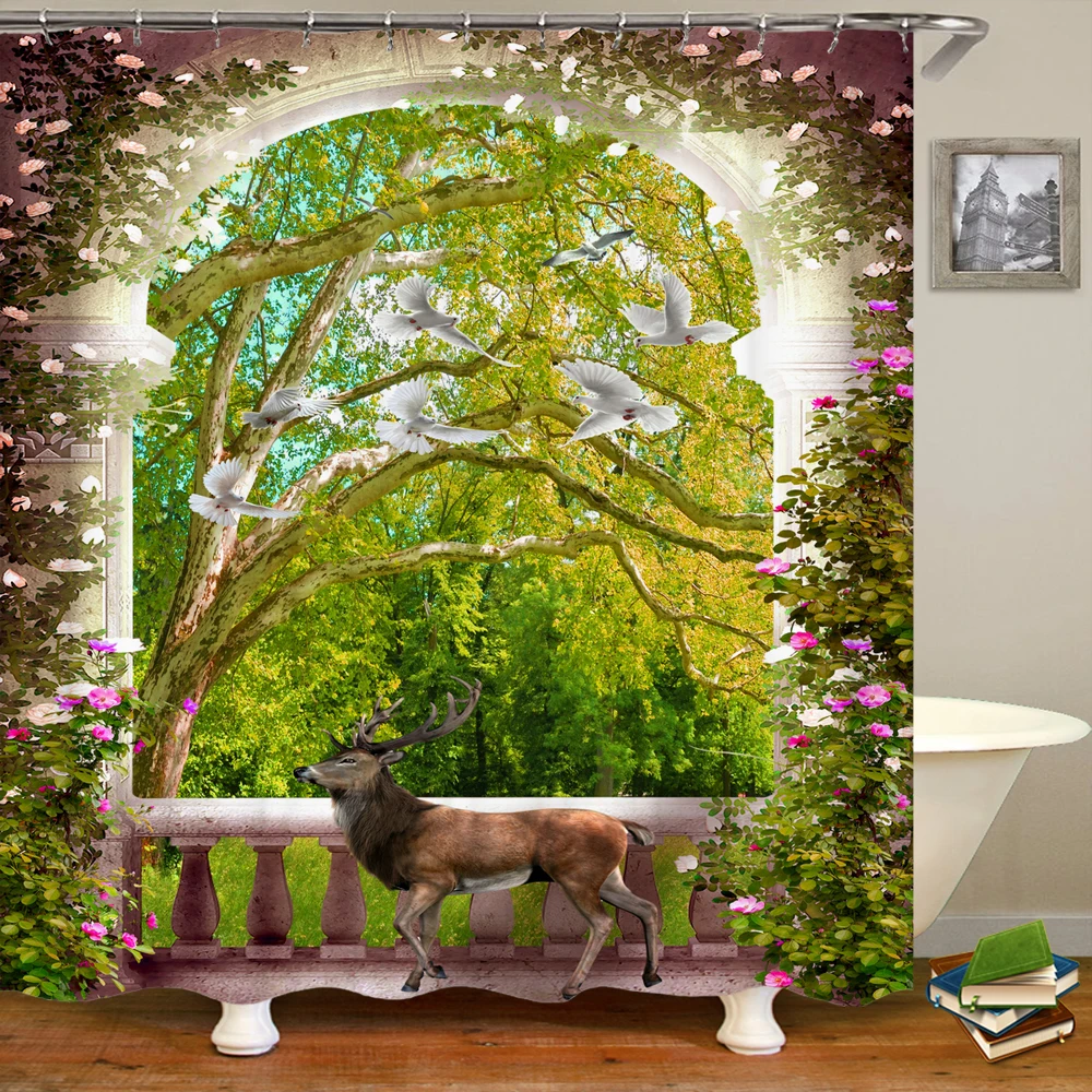 

Душевая занавеска с архитектурой в европейском стиле, водонепроницаемая шторка для душа с изображением зеленых растений и цветов, с видом на море, украшение для ванной комнаты