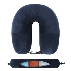 Ultimate Travel Neck Pillow with Fillable Pillowcase and Extra Storage Bag - Luxurious Velvet Cover for Airplane Comfort (Navy Blue)