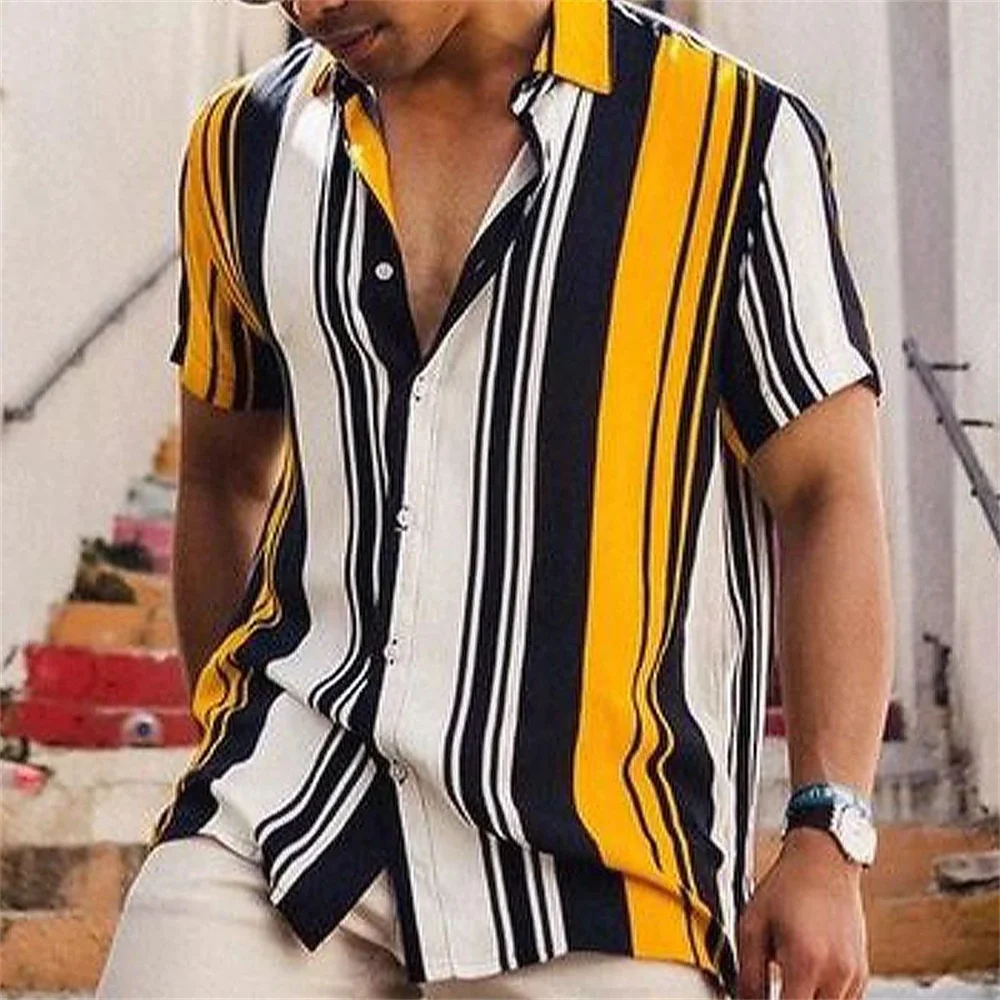 Men's short sleeved lapel striped printed button up shirt for summer leisure vacation, comfortable and soft Hawaiian shirt 4