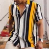 Men's short sleeved lapel striped printed button up shirt for summer leisure vacation, comfortable and soft Hawaiian shirt 4