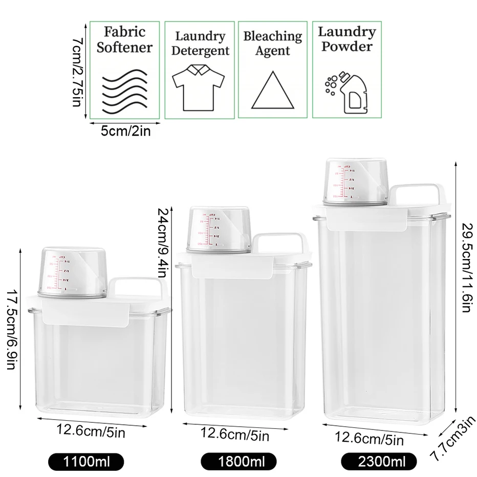 Hesroicy 1100/1800/2300 ML Laundry Powder Box with Measuring Cup Double  Seal Type Clothes Washing Detergent Dispenser Daily Use 