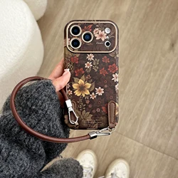 Korean Inspired Full Screen Retro Vibrant Flower Leather Wrist Strap Phone Case - iPhone 15 (With Wrist Strap)