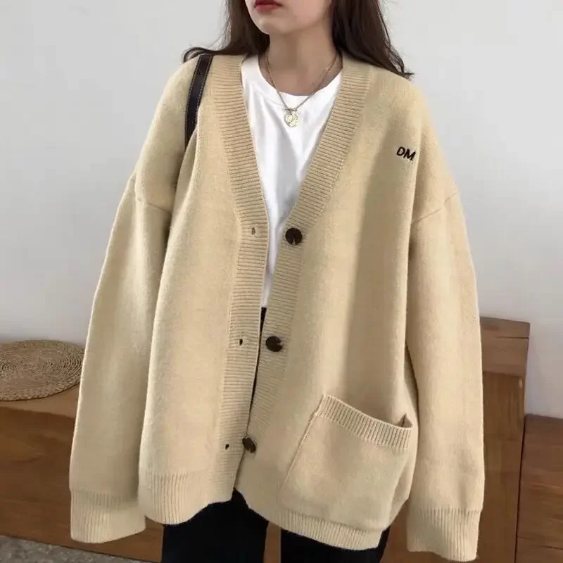 

Preppy Style Women Long Sleeve V-neck Knit Cardigan Autumn Winter Loose Sweater Cardigans Lazy Mid-length Sweater Coat Knitwear