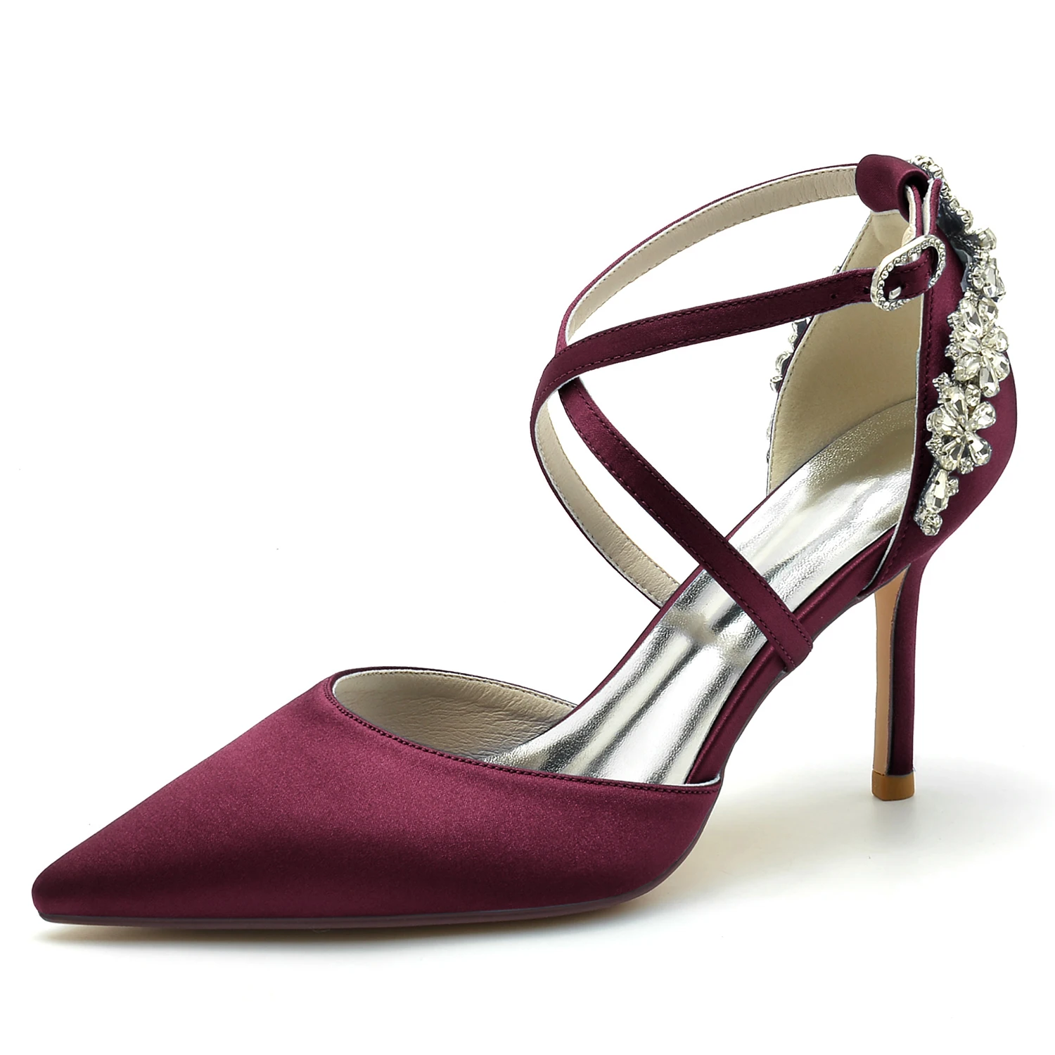 Burgundy Velvet Rhinestone Open Toe Stiletto Heels Ankle Strap  Sandals|FSJshoes