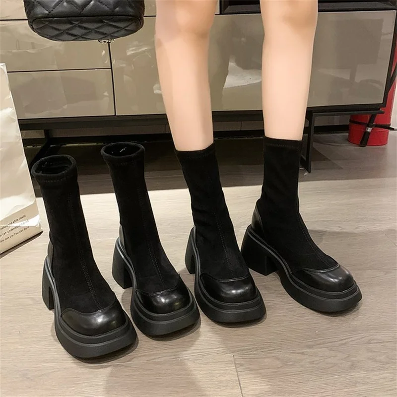 2023Autumn/Winter New Thick Sole Square Head Thick Heel Mid Sleeve Back Zipper Women's Short Boots Super High Heel Fashion Boots
