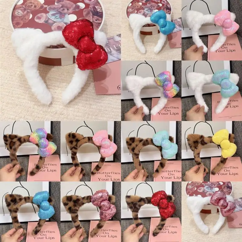 Super süßes Nischen-Haarband, lässiges Katzenohr-Plüsch-Stirnband, das zum Waschen des Gesichts verwendet wird. Pailletten-Schleifen-Stirnband, Damen-Foto-Haar-Accessoire – Detail 12