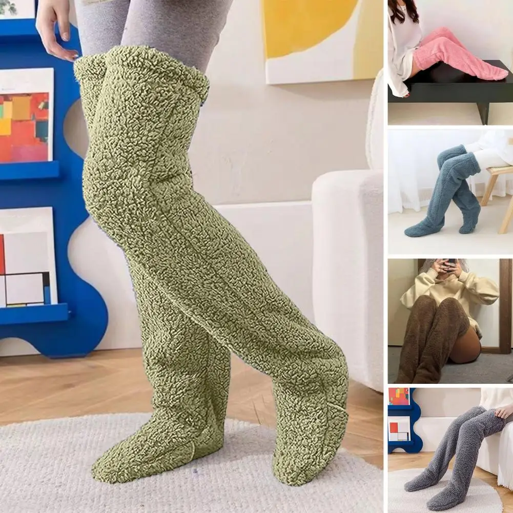

1 Pair Women Autumn Winter Over Knee Fuzzy Socks Solid Color Plush Thigh High Socks Thick Furry Boot Socks Leg Warmers