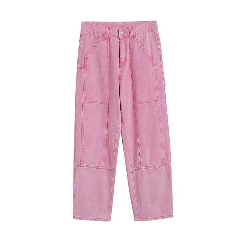 Pink Jeans Men Fashion Vintage Pocket Cargo Jeans Men Streetwear Hip Hop Loose Straight Denim Trousers Mens Wide Leg Pants S-3XL
