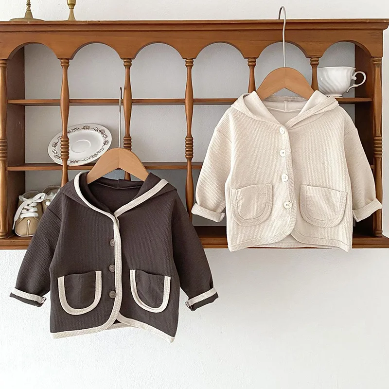 New Spring Korean Style Infant Baby Boys Girls Cardigan Long Sleeved Solid Color Hood Waffle Cotton Newborn Baby Coat