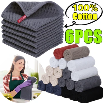 6PCS 100% Cotone Tessuto Waffle Panni per piatti da cucina Ultra morbido assorbente Asciugamani per piatti ad asciugatura rapida Addensato Panni per pulire Strofinaccio 1
