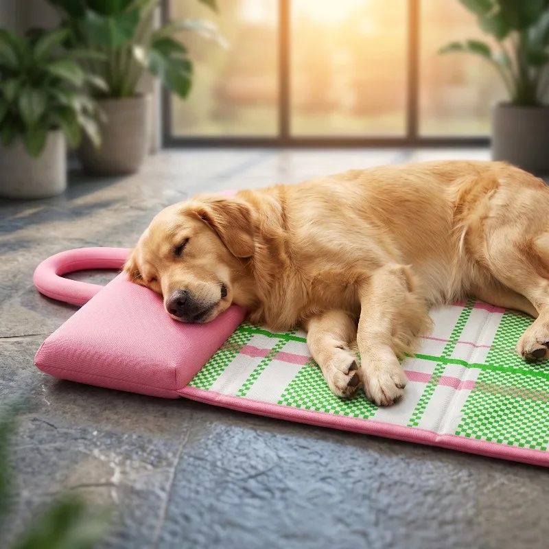 Portable Pet Cooling Mat With Pillow Foldable Dog Ice Bed Waterproof Summer Cooling Pad Double-Sided Travel Mat For Large Dogs_voghion.com