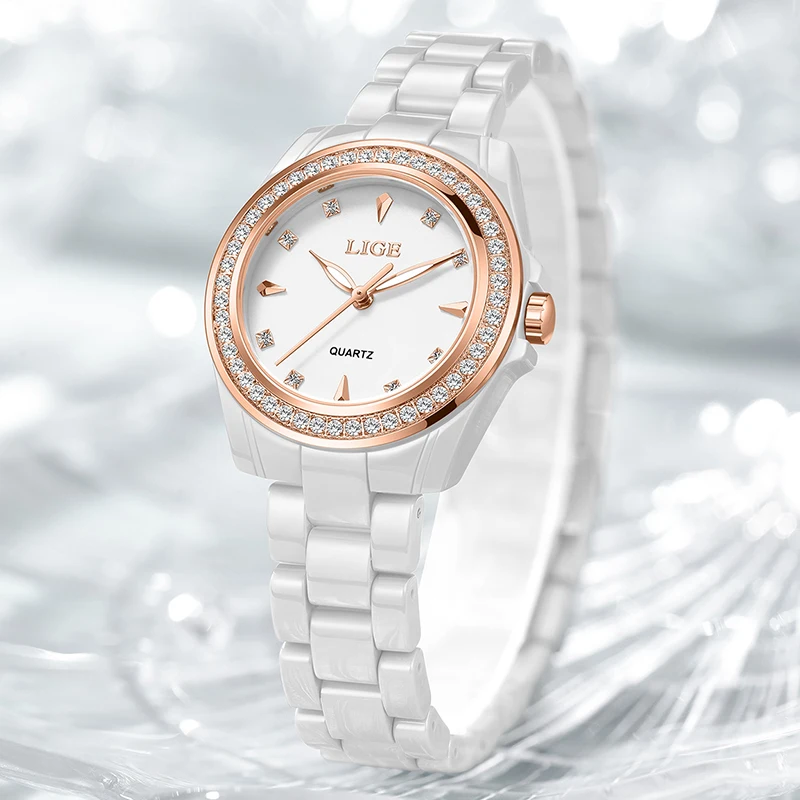 LIGE Watch Women New Fashion Luxury Stainless Steel Wristwatch Bracelet Simple Round Ceramic Waterproof Luminous Ladies Watches